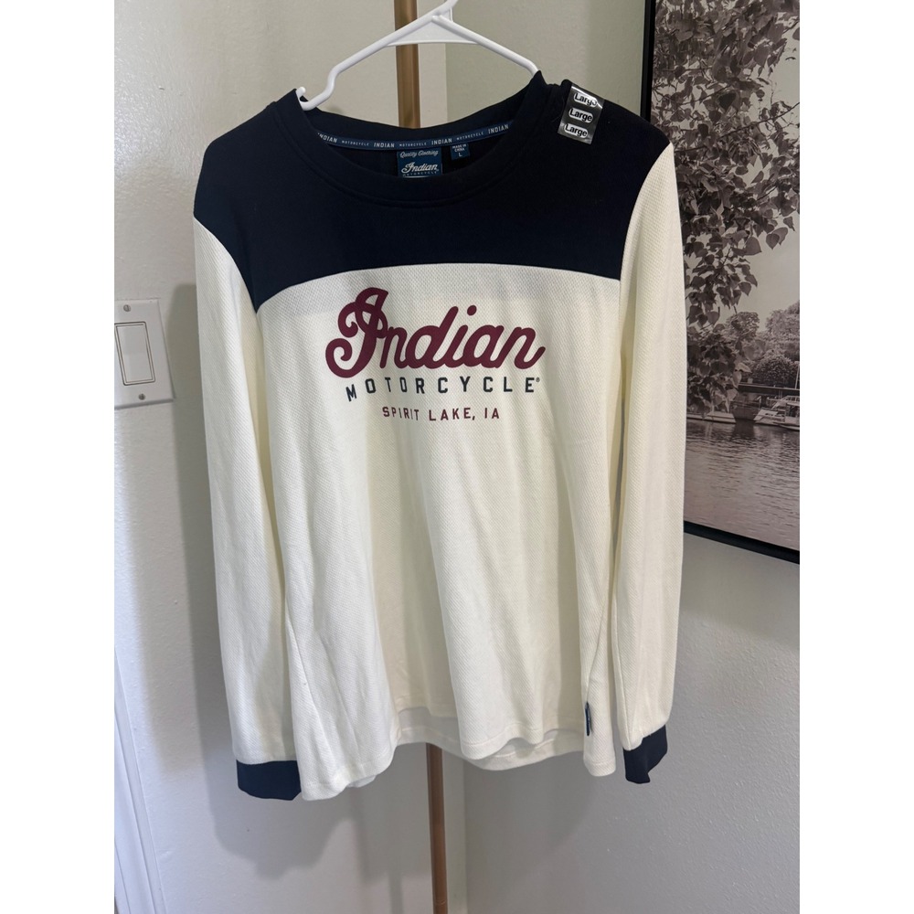 Indian Motorcycle Mens Large Cream‎ Navy Waffle Knit Thermal Long Sleeve Shirt